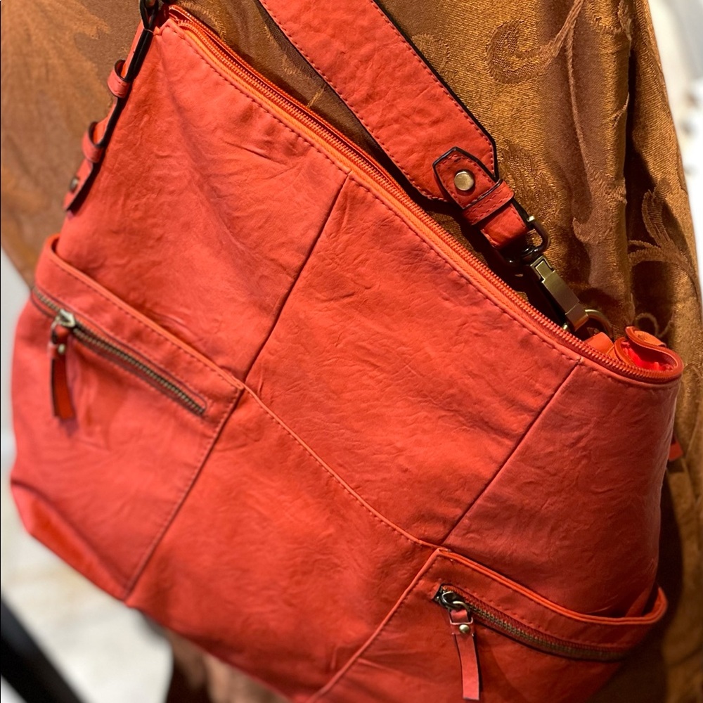 BUENO Purse Handbag Hobo Tote Faux Leather Orange Single Strap NWOT